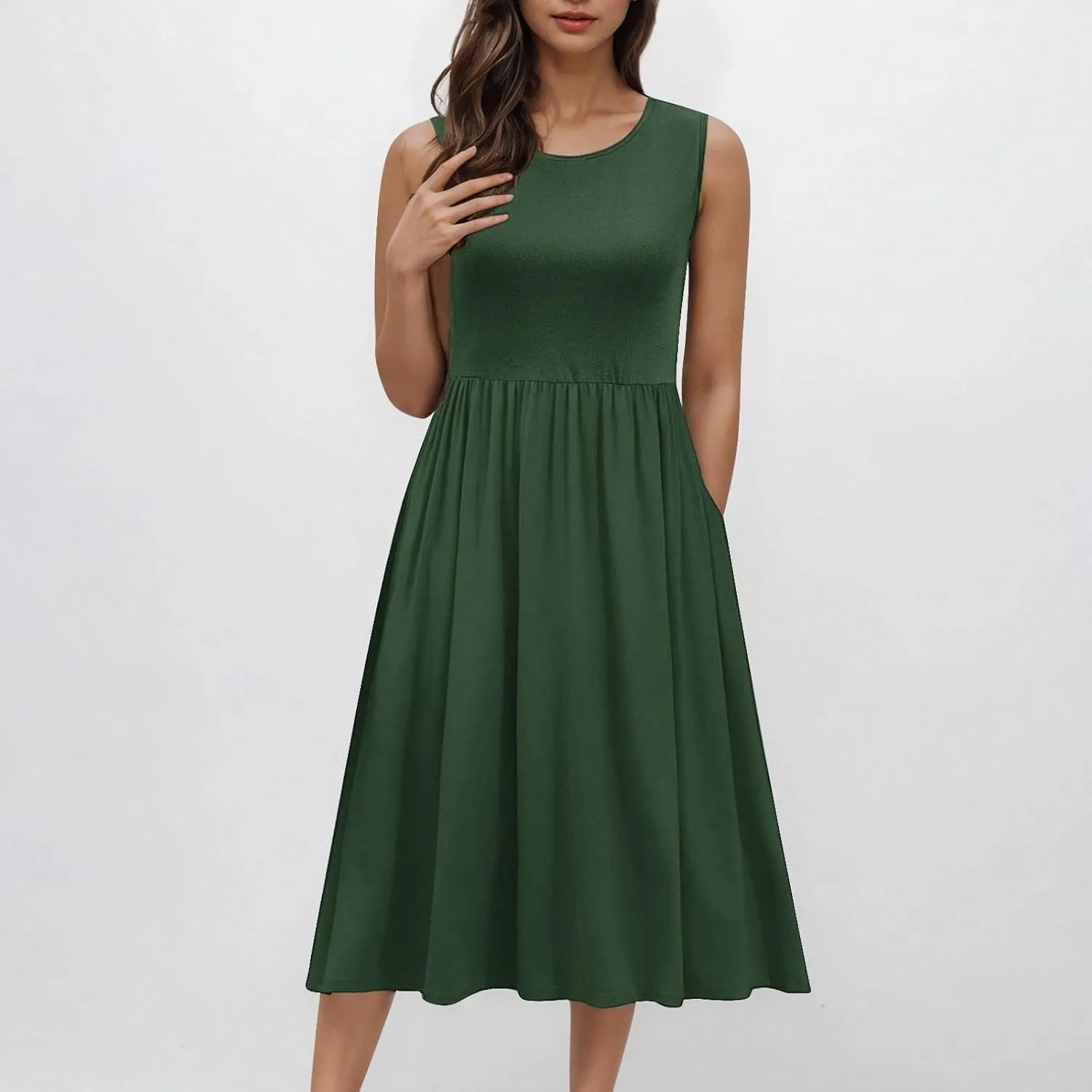Casual Sun Dresses for Women Summer Trendy Crewneck Sleeveless Vacation Dresses A-Line Maxi Dress with Pockets