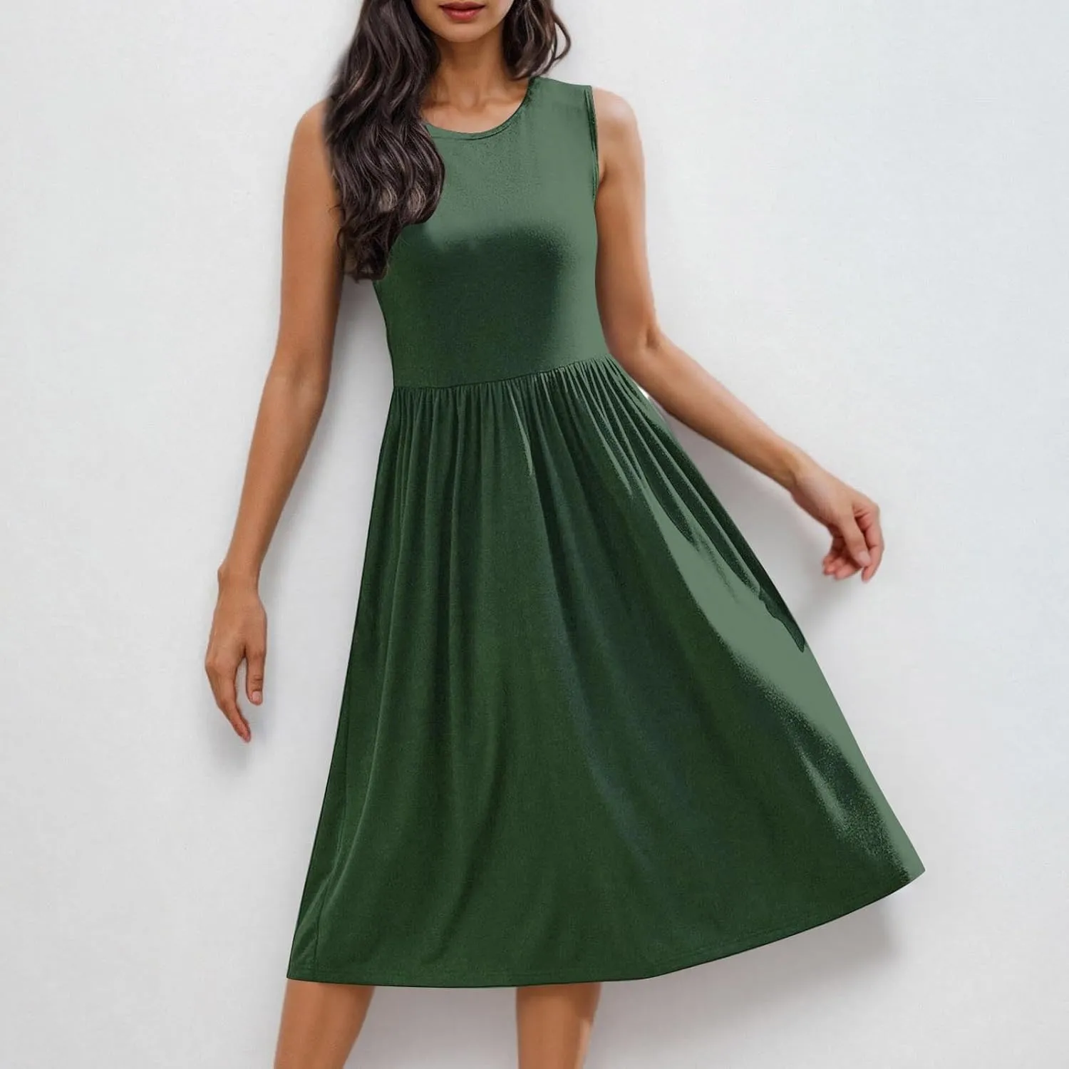 Casual Sun Dresses for Women Summer Trendy Crewneck Sleeveless Vacation Dresses A-Line Maxi Dress with Pockets