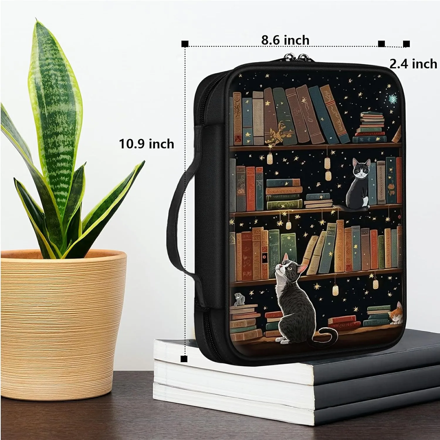 Cat Library Bible Bag Large Bible Case Cover for Women Men, Multi-Functional Church Bag Bible Protector with Handle Zippered Pocket Christian Gift Bible Study Supplies