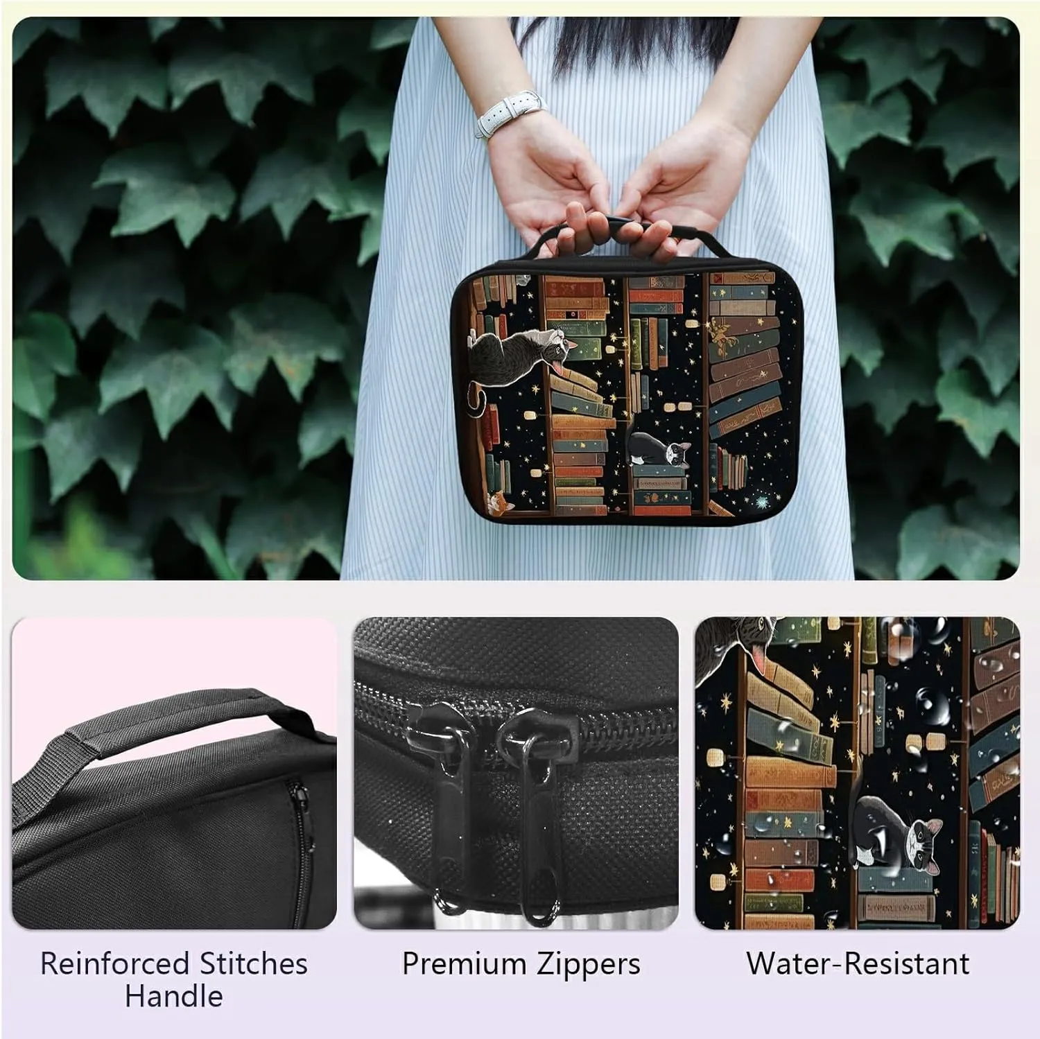 Cat Library Bible Bag Large Bible Case Cover for Women Men, Multi-Functional Church Bag Bible Protector with Handle Zippered Pocket Christian Gift Bible Study Supplies