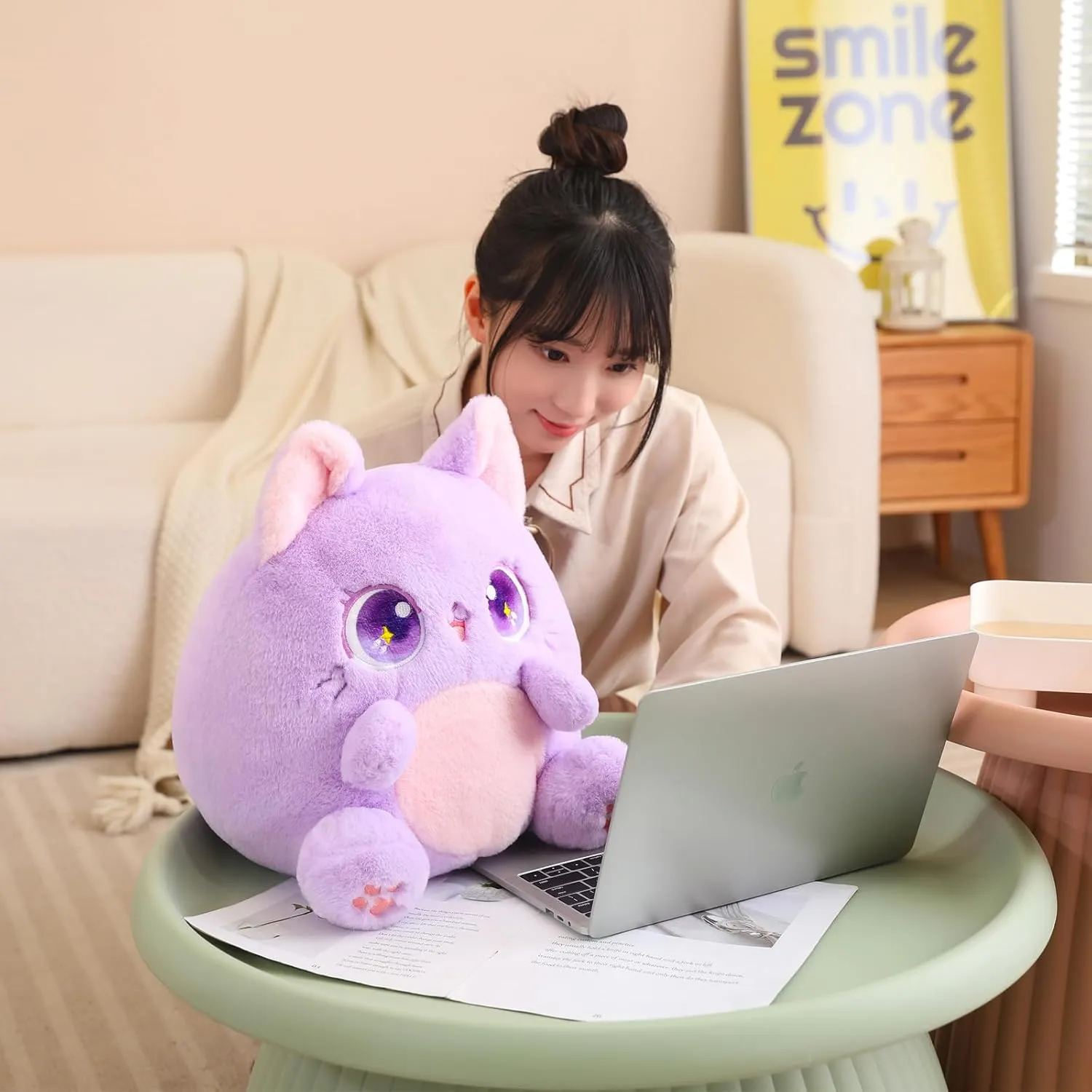 Cat Plush Pillow Cute Cat Stuffed Animals Soft Kawaii Plushies Toy for Girls Boys, Purple, 10 Inch