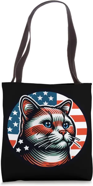 Cat With American Flag Patriotic Stylish Illustration Tote Bag