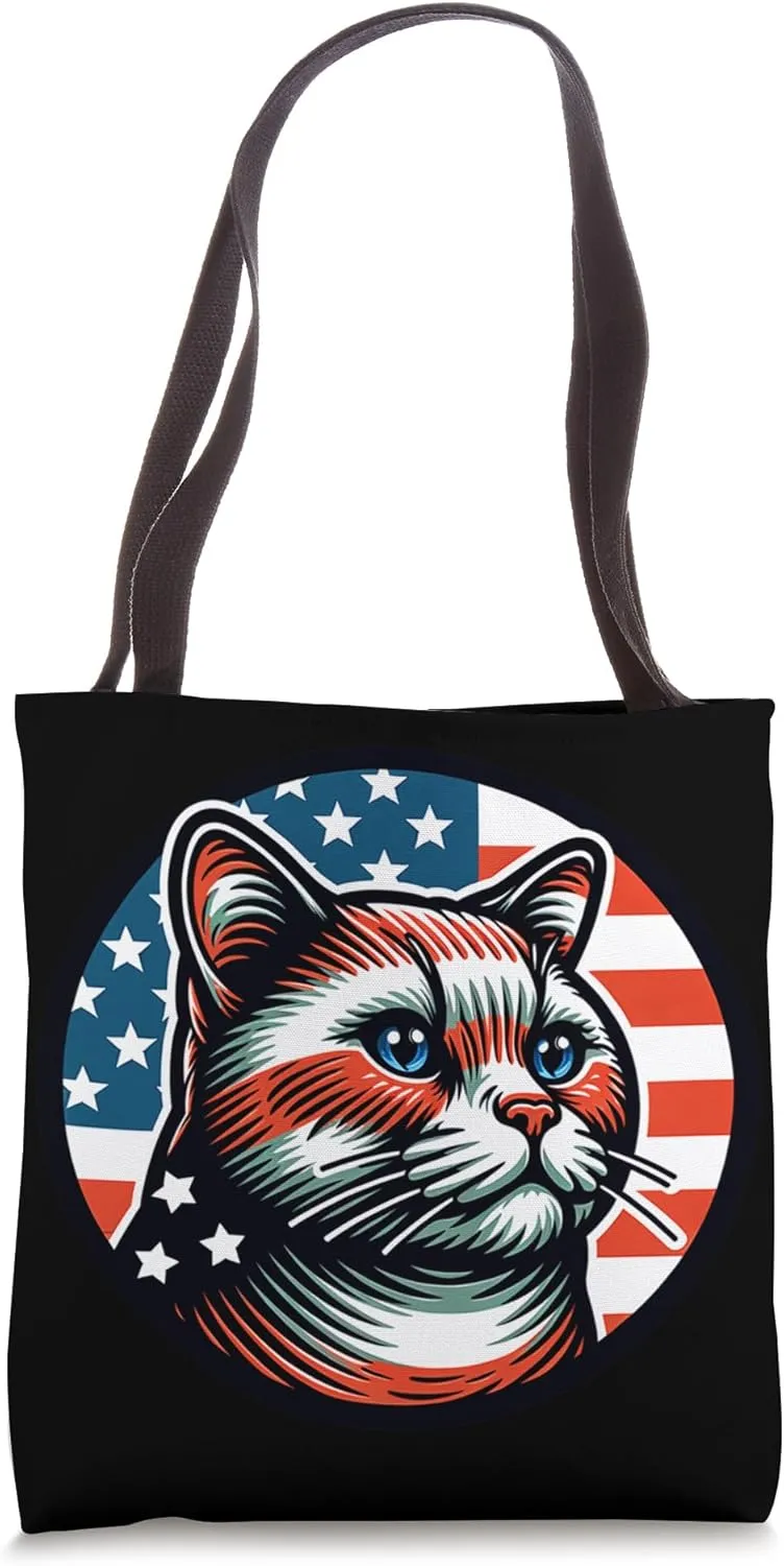 Cat With American Flag Patriotic Stylish Illustration Tote Bag