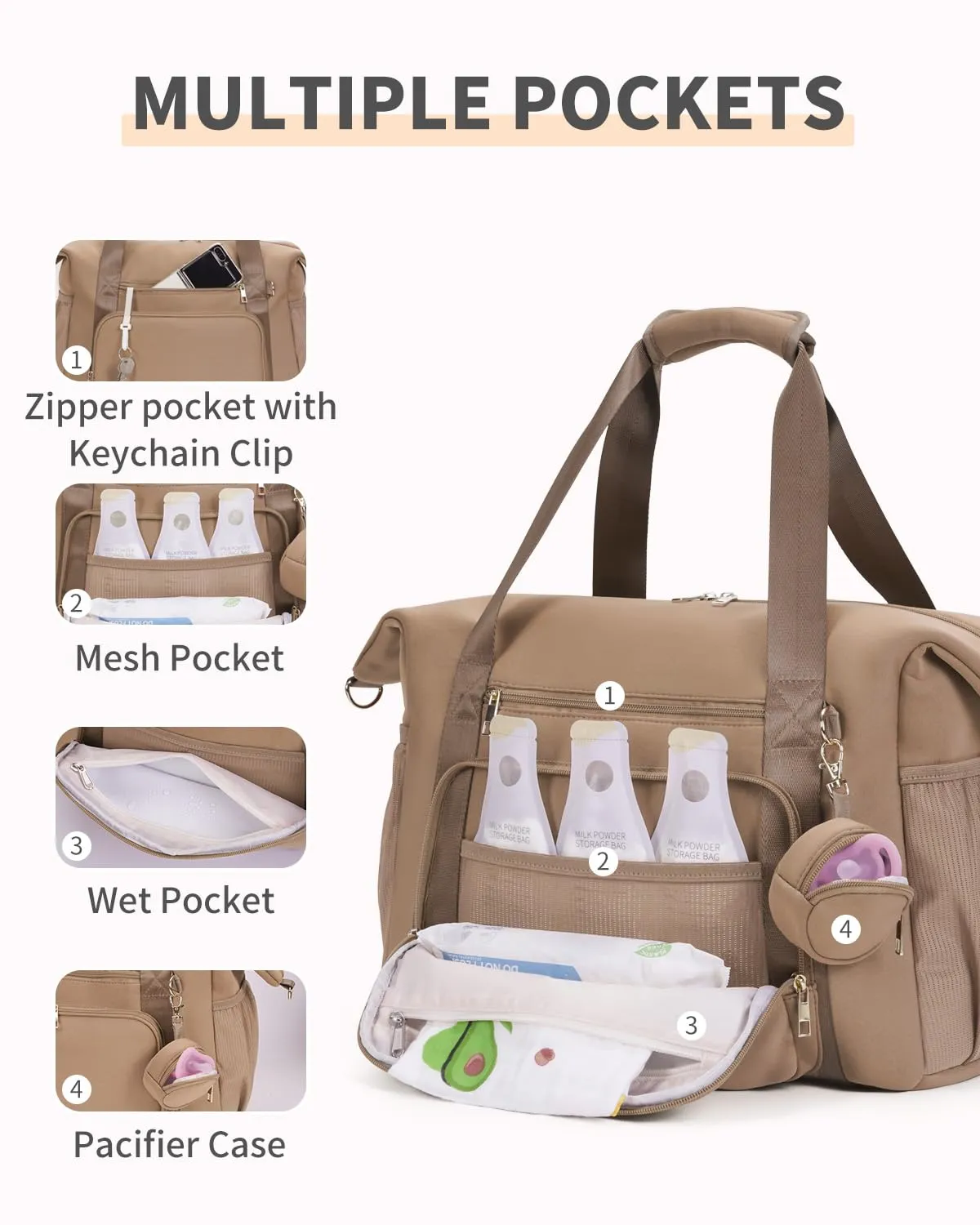 CEI-CEI Diaper Bag Tote Neoprene Mothers Day Gifts Waterproof Large Travel Baby Bags for Mom and Dad with Pacifier Case and Changing Pad Maternity Hospital Totes with Stroller Strap (Oat)