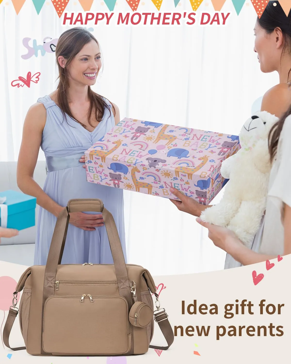 CEI-CEI Diaper Bag Tote Neoprene Mothers Day Gifts Waterproof Large Travel Baby Bags for Mom and Dad with Pacifier Case and Changing Pad Maternity Hospital Totes with Stroller Strap (Oat)