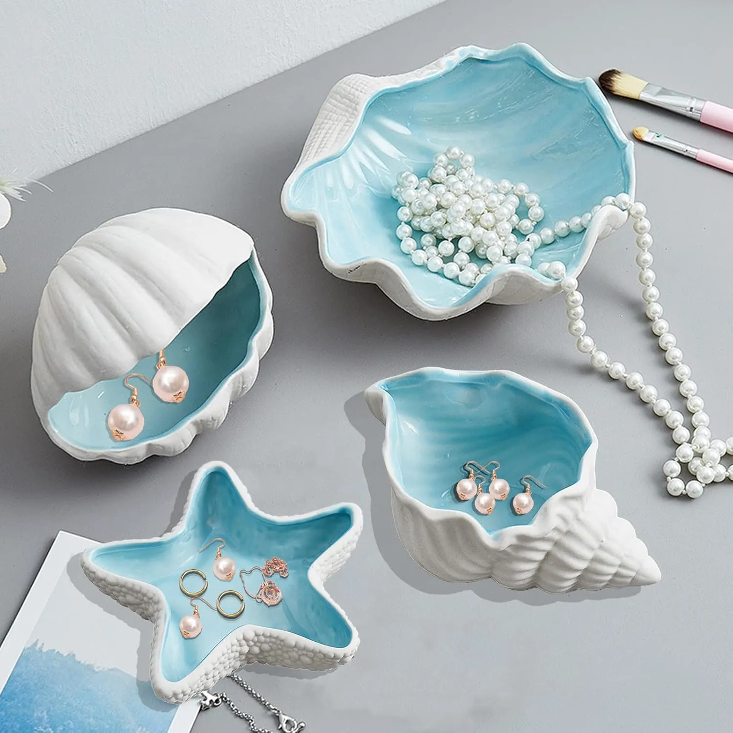 Ceramic Shell Jewelry Dish Tray Trinket Dish Ring Holder Ocean Coastal Decor Jewelry Tray Decorative Tray Key Bowl for Jewelry Birthday Party Easter Gift Hom Room Beachy Decor (G STYLE)