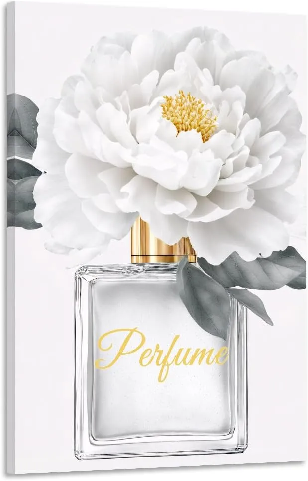 CGXLB Canvas Wall Art Glam Perfume Pictures Wall Decor Pictures of Bottles of Perfume Flower Painting for Bedroom, Women Living Room Posters Golden Artwork Framed for Beauty Salon Golden 12"x18"