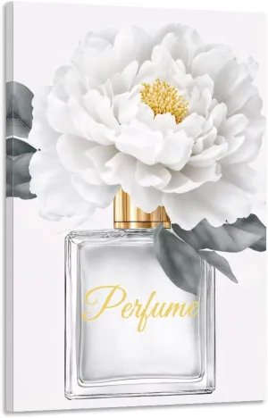 CGXLB Canvas Wall Art Glam Perfume Pictures Wall Decor Pictures of Bottles of Perfume Flower Painting for Bedroom, Women Living Room Posters Golden Artwork Framed for Beauty Salon Golden 12"x18"