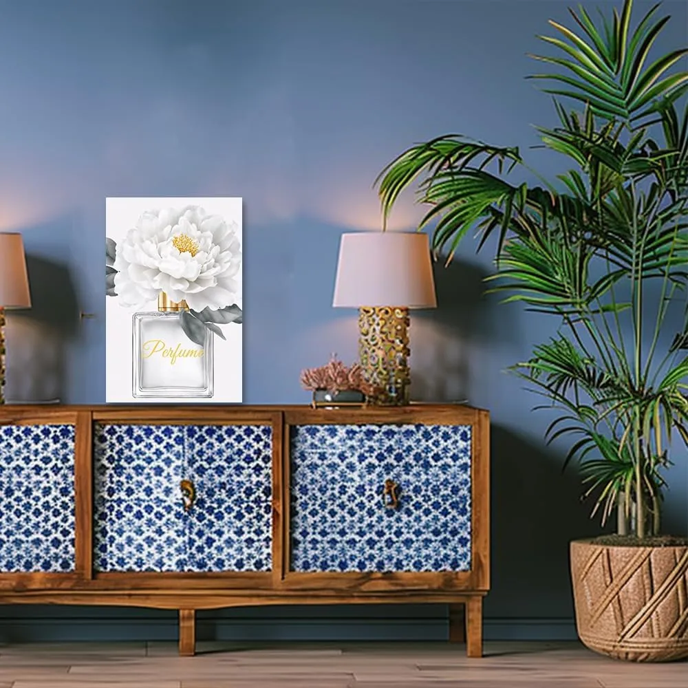 CGXLB Canvas Wall Art Glam Perfume Pictures Wall Decor Pictures of Bottles of Perfume Flower Painting for Bedroom, Women Living Room Posters Golden Artwork Framed for Beauty Salon Golden 12"x18"