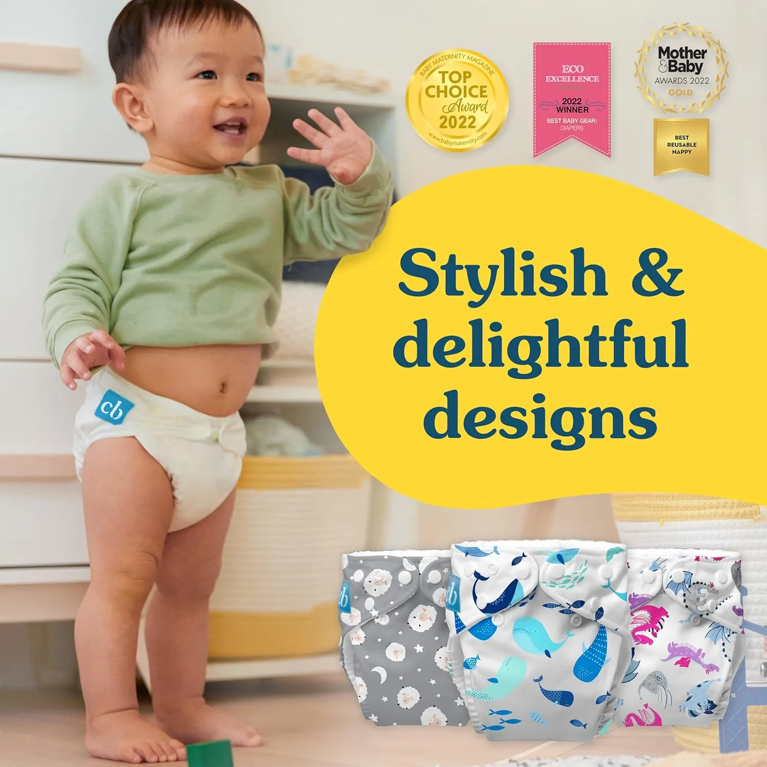 Charlie Banana Cloth Diapers, Reusable, Washable, Adjustable One Size Diaper, for Babies and Toddlers, with Absorbent Inserts - Under The Stars, 3 Pack