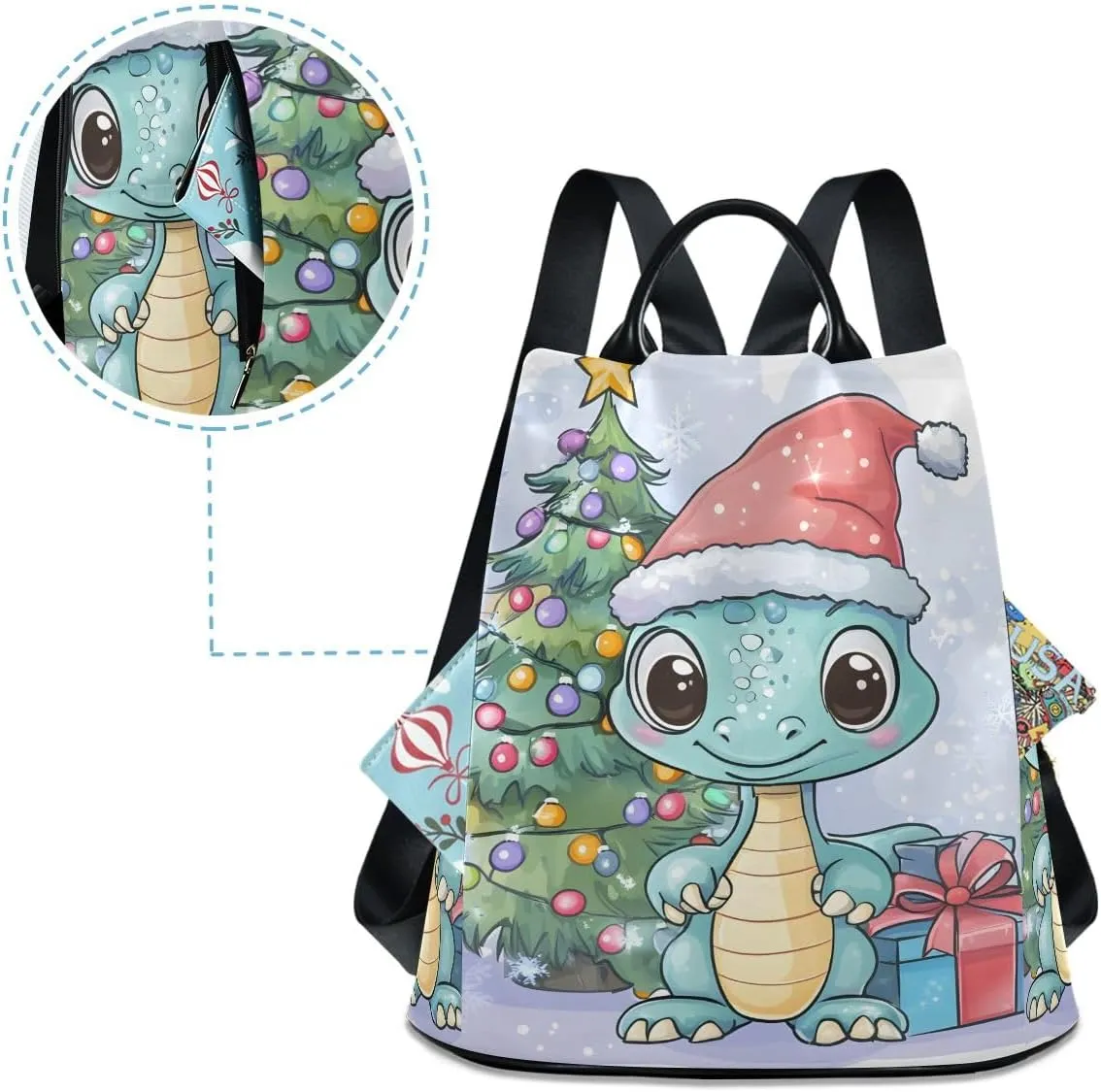 Christmas Cartoon Dragon Large Eyes Women Backpack Purse Anti Theft Back Zipper Design Travel Bag