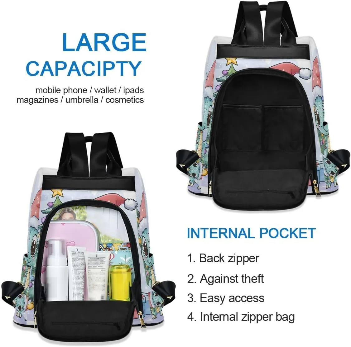 Christmas Cartoon Dragon Large Eyes Women Backpack Purse Anti Theft Back Zipper Design Travel Bag