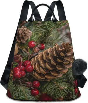 Christmas Evergreens Backpack Purse for Women Back Zipper Anti Theft Pocket Design Fashion Travel Bag with Pompom