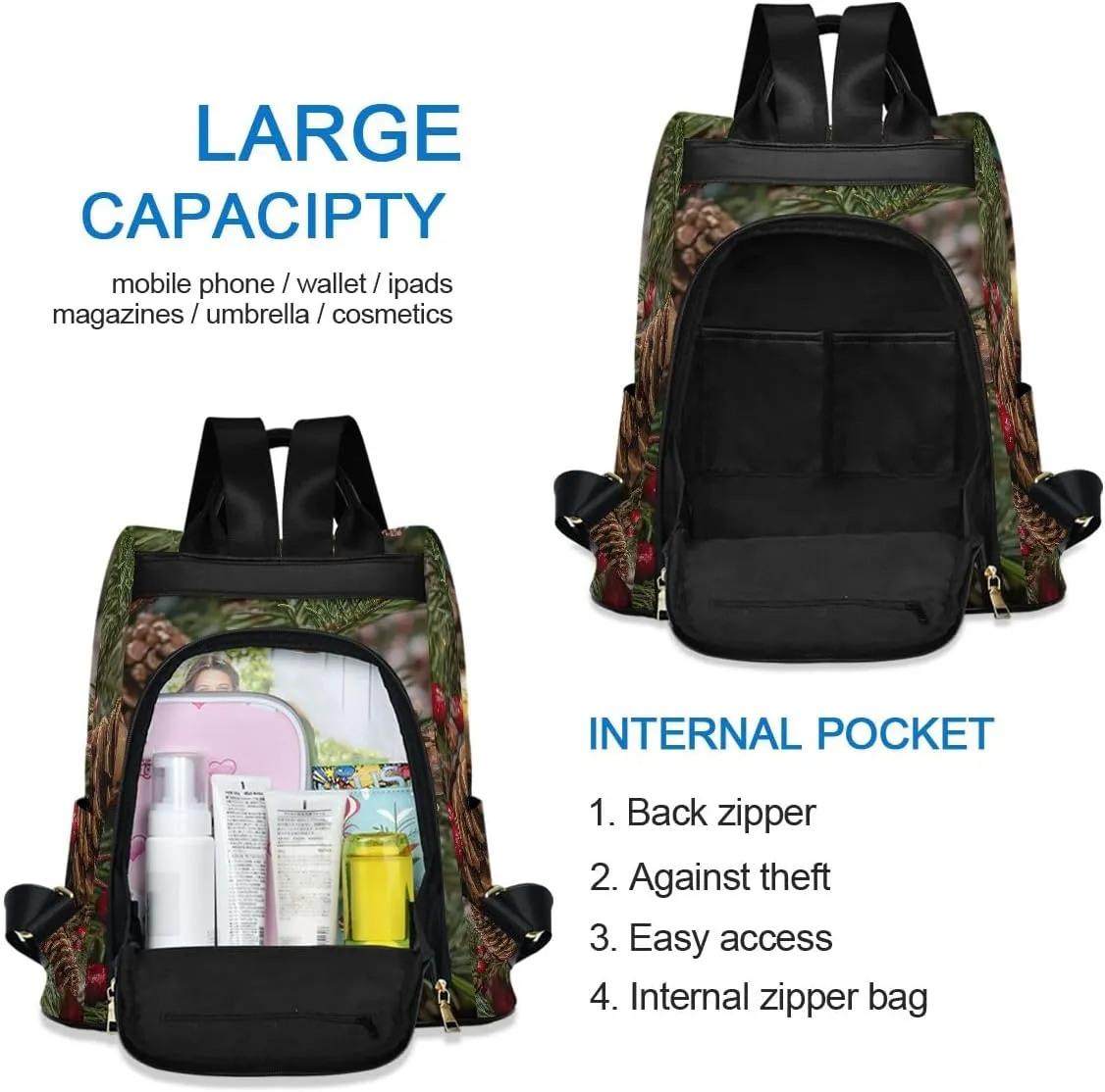 Christmas Evergreens Backpack Purse for Women Back Zipper Anti Theft Pocket Design Fashion Travel Bag with Pompom
