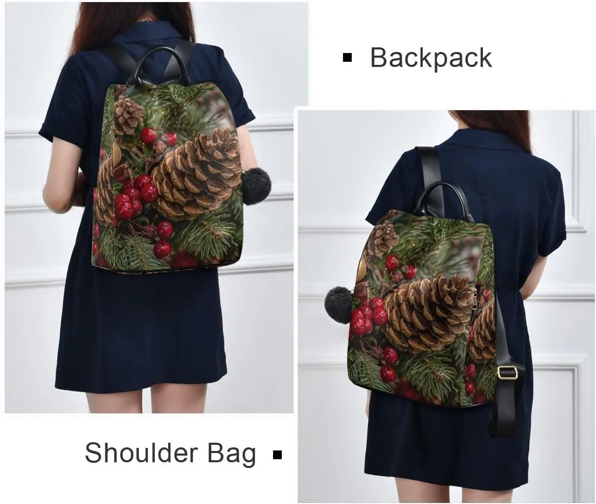 Christmas Evergreens Backpack Purse for Women Back Zipper Anti Theft Pocket Design Fashion Travel Bag with Pompom