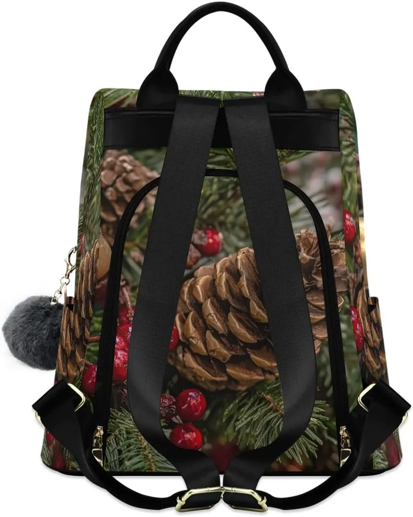 Christmas Evergreens Backpack Purse for Women Back Zipper Anti Theft Pocket Design Fashion Travel Bag with Pompom