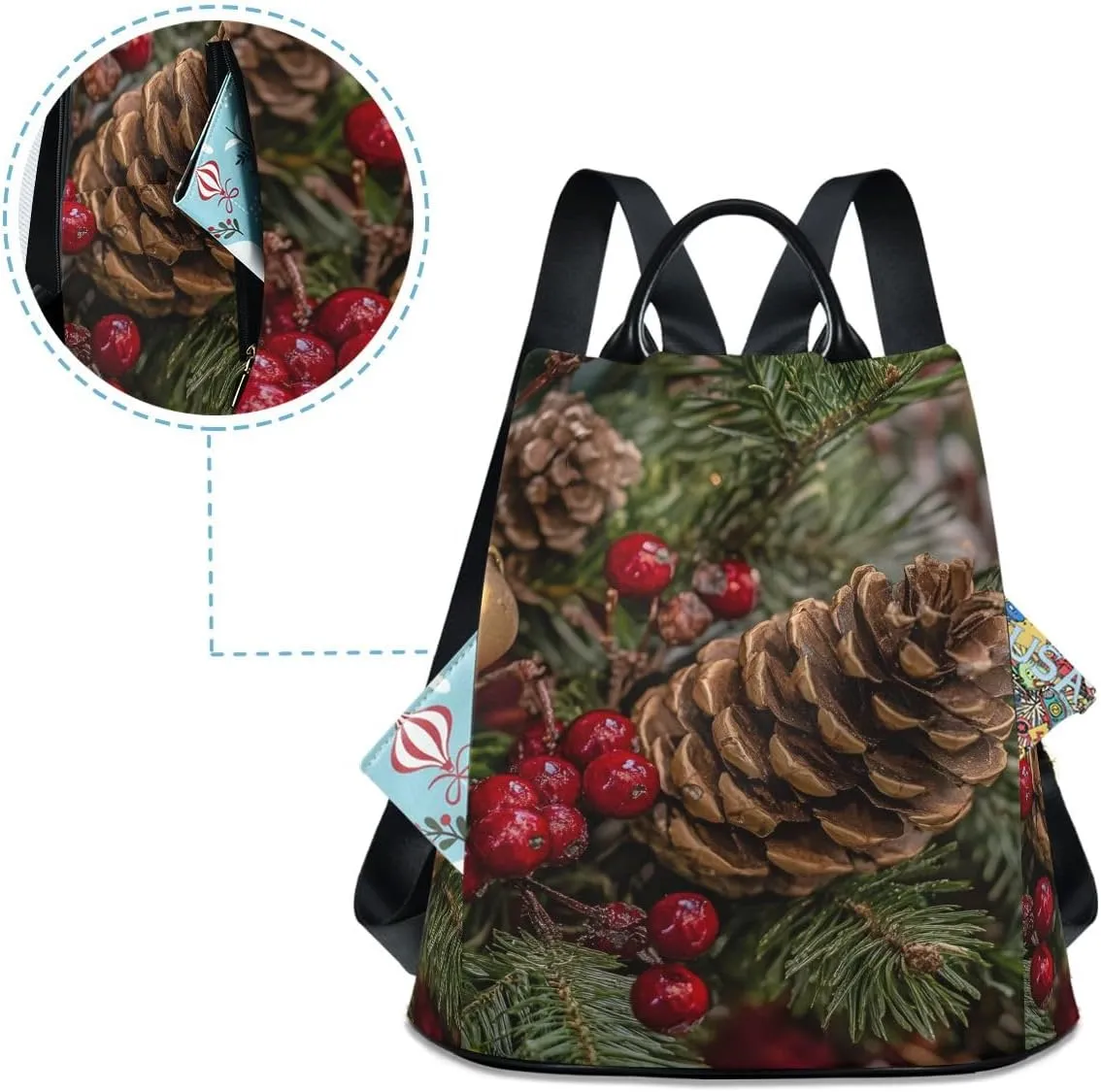 Christmas Evergreens Backpack Purse for Women Back Zipper Anti Theft Pocket Design Fashion Travel Bag with Pompom
