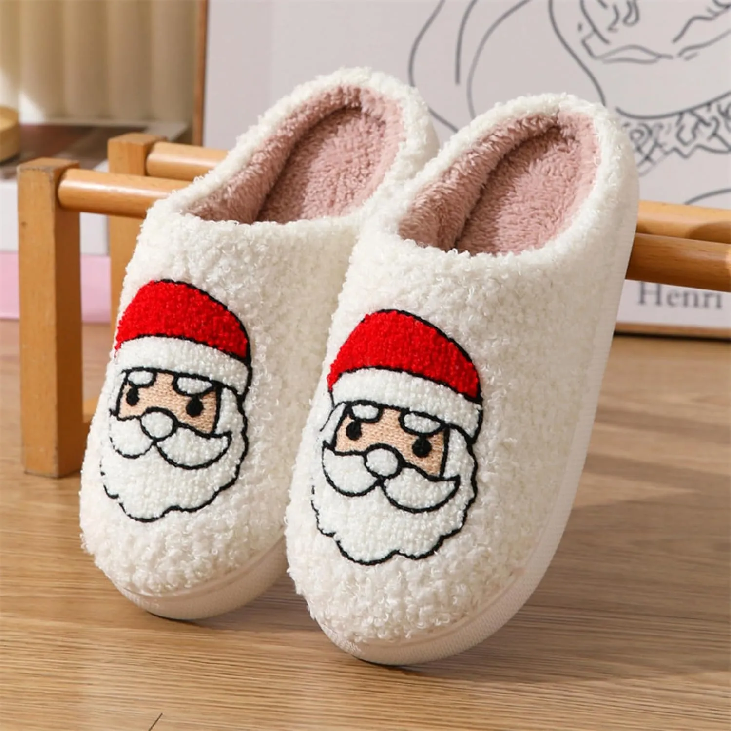 Christmas Slippers Memory Foam for Women Men, Cozy Plush Warm Non-Slip Holiday Slides with Santa Reindeer Designs Indoor Outdoor