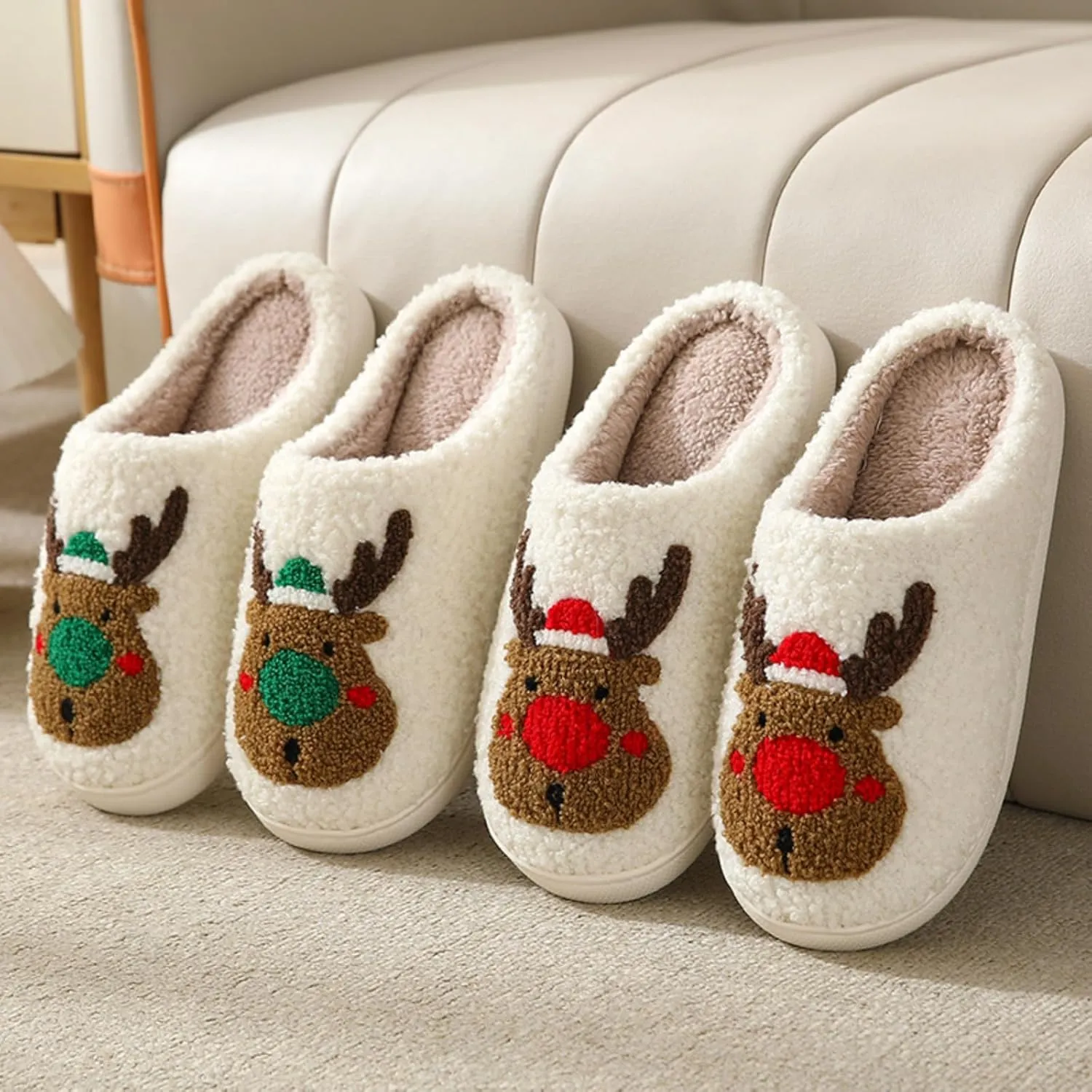 Christmas Slippers Memory Foam for Women Men, Cozy Plush Warm Non-Slip Holiday Slides with Santa Reindeer Designs Indoor Outdoor