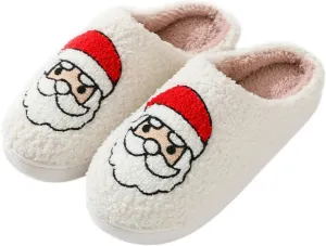 Christmas Slippers Memory Foam for Women Men, Cozy Plush Warm Non-Slip Holiday Slides with Santa Reindeer Designs Indoor Outdoor