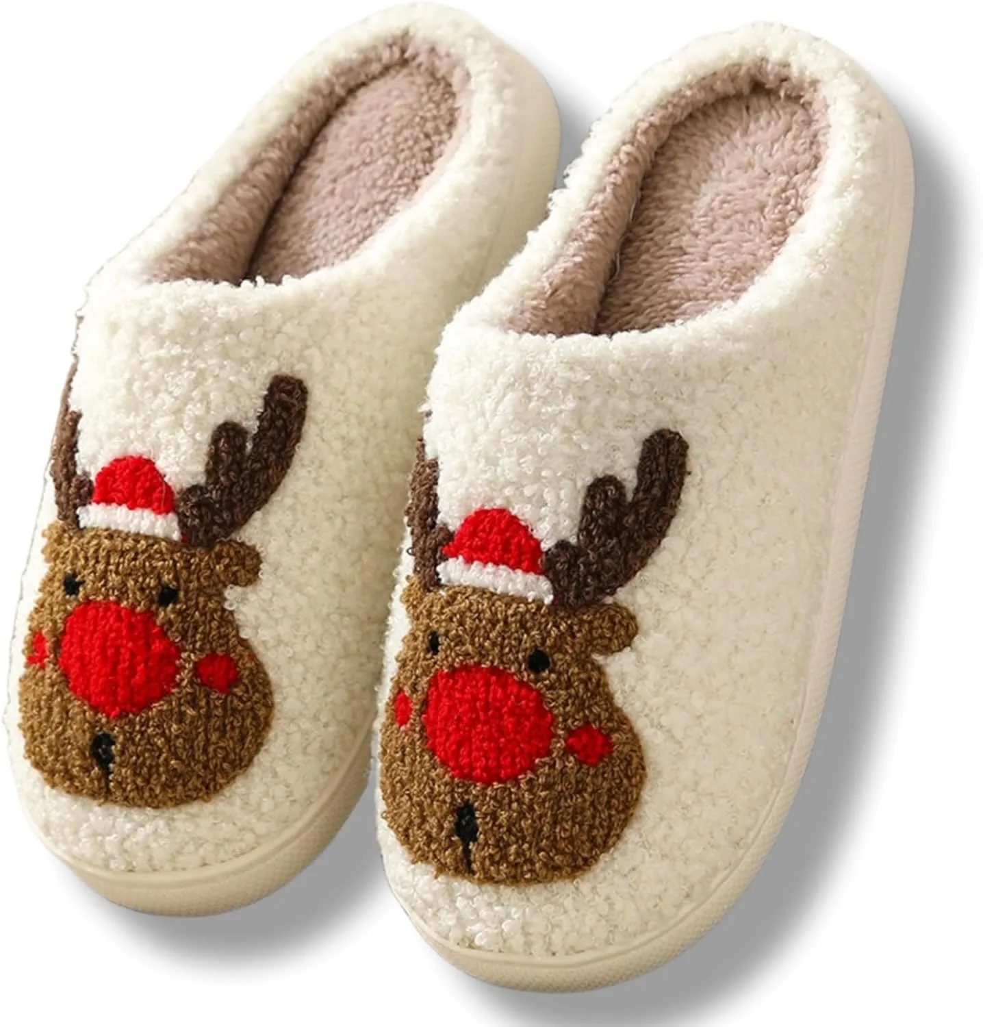 Christmas Slippers Memory Foam for Women Men, Cozy Plush Warm Non-Slip Holiday Slides with Santa Reindeer Designs Indoor Outdoor