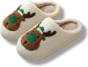 Christmas Slippers Memory Foam for Women Men, Cozy Plush Warm Non-Slip Holiday Slides with Santa Reindeer Designs Indoor Outdoor