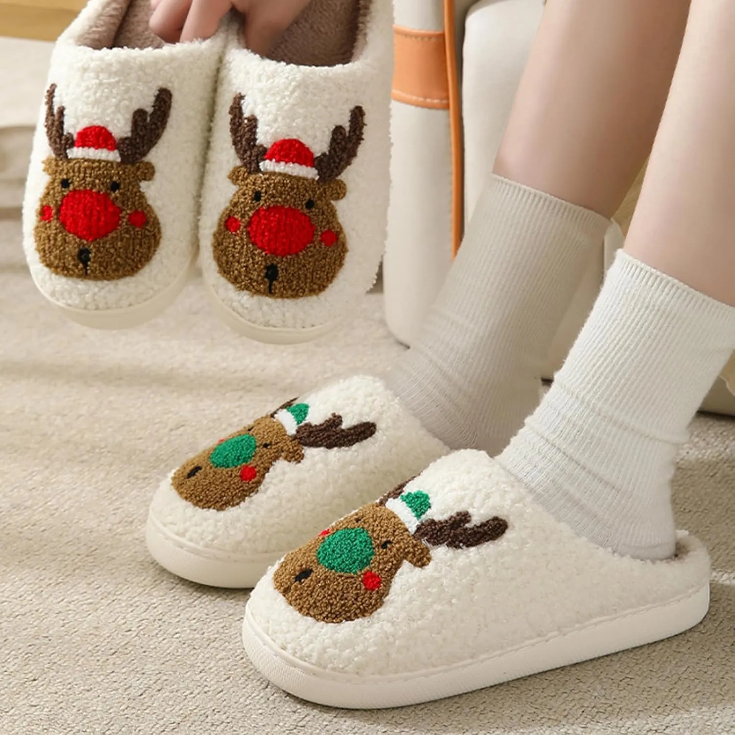 Christmas Slippers Memory Foam for Women Men, Cozy Plush Warm Non-Slip Holiday Slides with Santa Reindeer Designs Indoor Outdoor