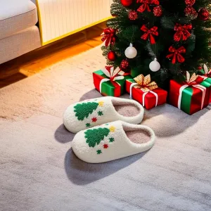 Christmas Slippers Memory Foam for Women Men, Cozy Plush Warm Non-Slip Holiday Slides with Santa Reindeer Designs Indoor Outdoor