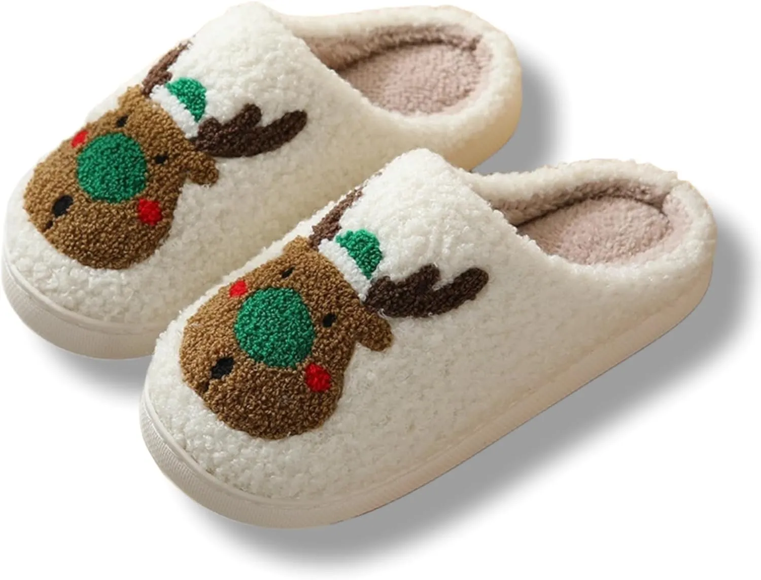 Christmas Slippers Memory Foam for Women Men, Cozy Plush Warm Non-Slip Holiday Slides with Santa Reindeer Designs Indoor Outdoor