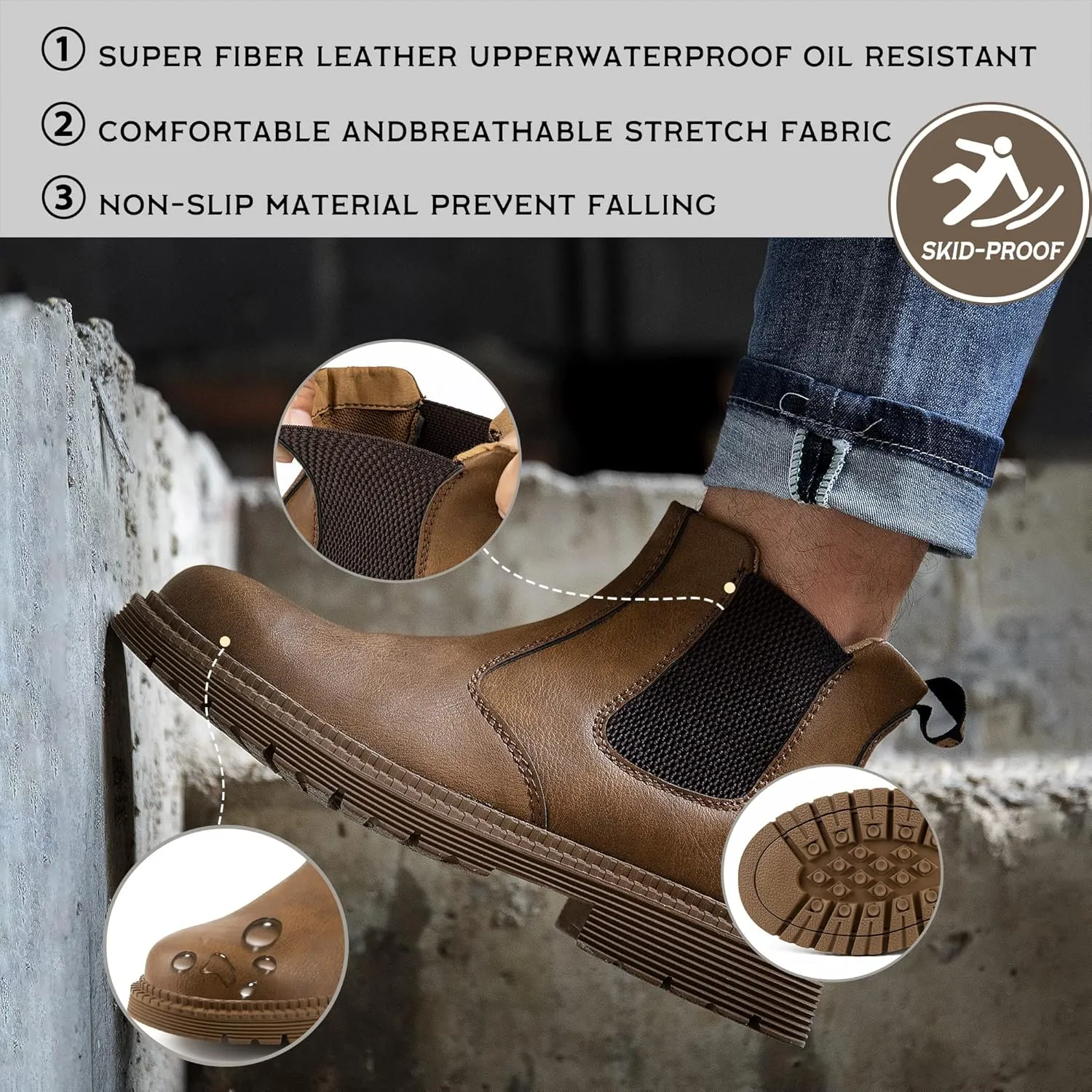CJSPORX Men's Steel Toe Work Boots Anti-Skid Safety Shoes Leather Waterproof Work Shoes