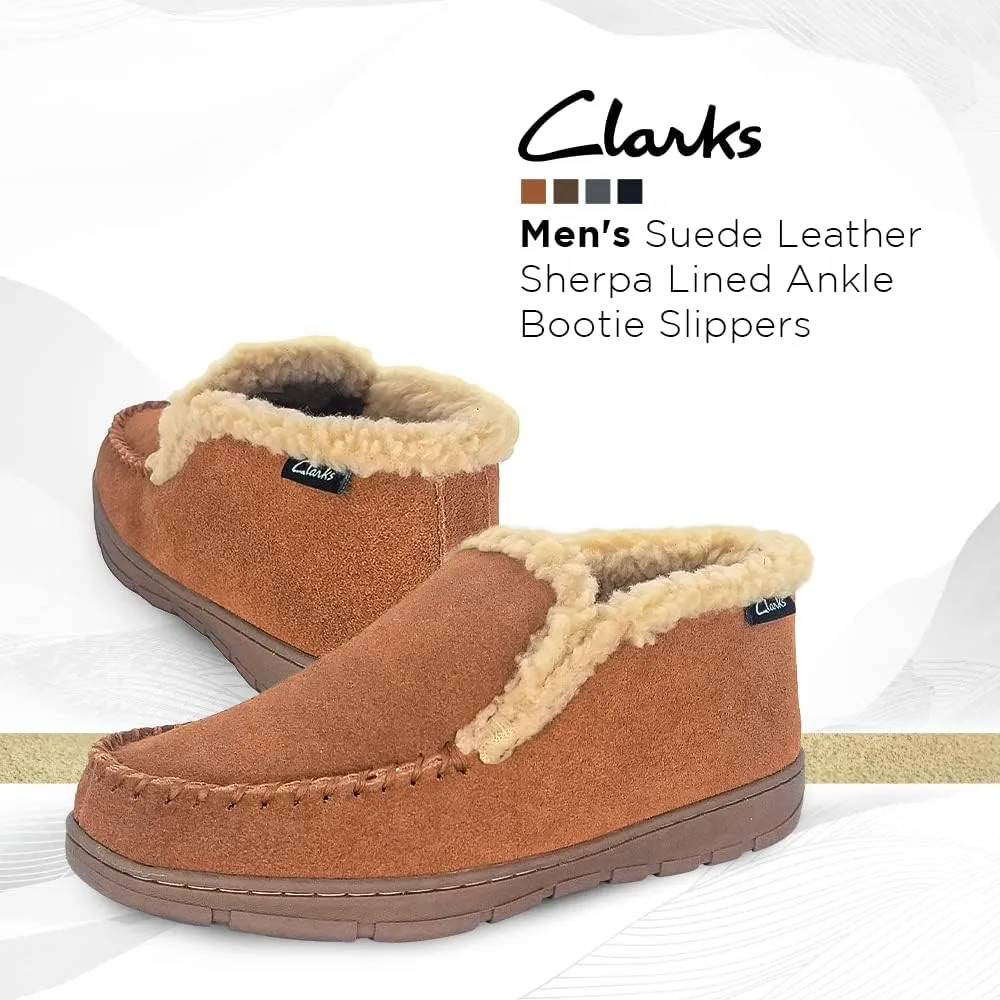 Clarks Men's Suede Leather Sherpa Lined Ankle Bootie Slippers, JMH1952 - Indoor/Outdoor Slip-Ons - Comfy & Durable Ankle Boots with Plush Lining Padded Insole & Gripped Rubber Outsoles