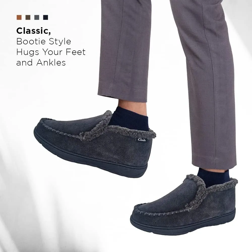 Clarks Men's Suede Leather Sherpa Lined Ankle Bootie Slippers, JMH1952 - Indoor/Outdoor Slip-Ons - Comfy & Durable Ankle Boots with Plush Lining Padded Insole & Gripped Rubber Outsoles