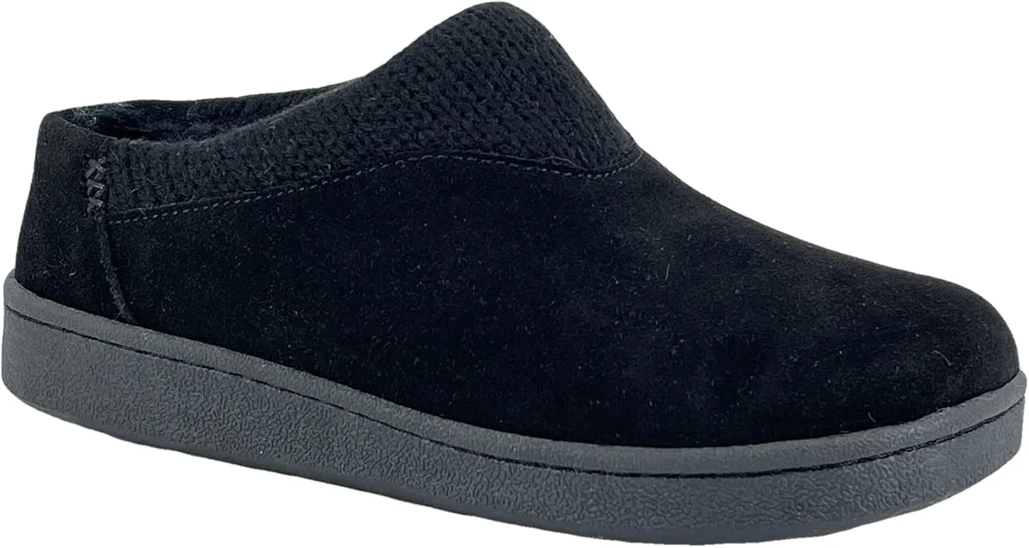 Clarks Womens Suede Slipper JMH2175 With Knit Collar - Soft Plush Faux Fur Lined - Indoor Outdoor House Slippers For Women (8 M US, Black)