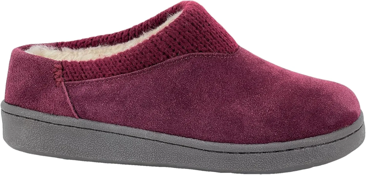 Clarks Womens Suede Slipper JMH2175 With Knit Collar - Soft Plush Faux Fur Lined - Indoor Outdoor House Slippers For Women