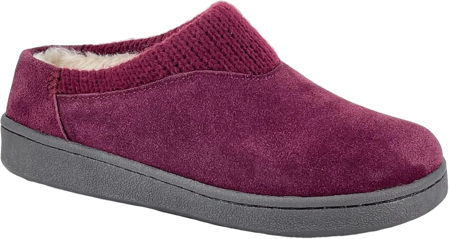 Clarks Womens Suede Slipper JMH2175 With Knit Collar - Soft Plush Faux Fur Lined - Indoor Outdoor House Slippers For Women