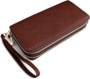Classic Leatherette Zip Around Wallet - Vegan Leather Zipper Clutch Purse Coin Card Slots, Removable Wristlet (Double Zip Wristlet - Brown)