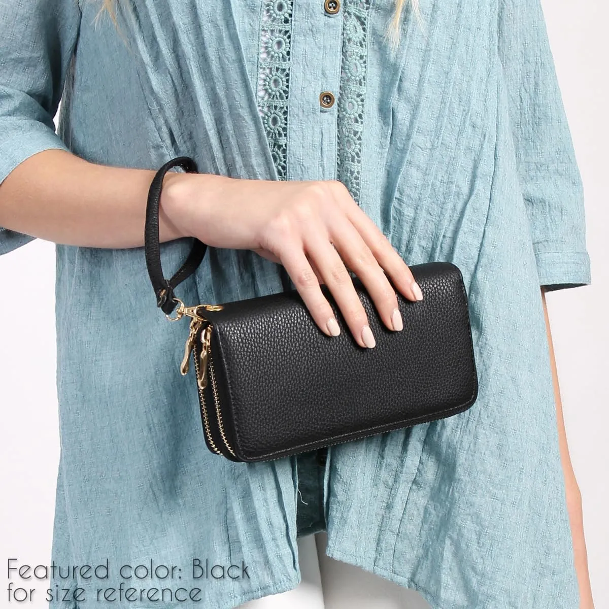 Classic Leatherette Zip Around Wallet - Vegan Leather Zipper Clutch Purse Coin Card Slots, Removable Wristlet (Double Zip Wristlet - Brown)
