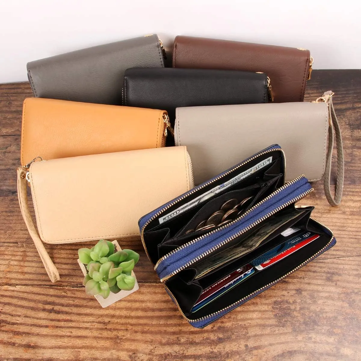 Classic Leatherette Zip Around Wallet - Vegan Leather Zipper Clutch Purse Coin Card Slots, Removable Wristlet (Double Zip Wristlet - Fuchsia)