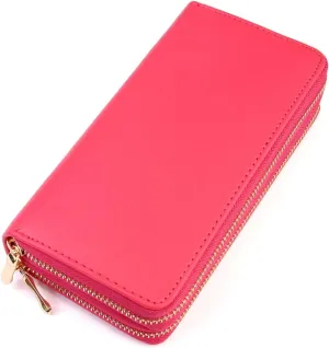 Classic Leatherette Zip Around Wallet - Vegan Leather Zipper Clutch Purse Coin Card Slots, Removable Wristlet (Double Zip Wristlet - Fuchsia)