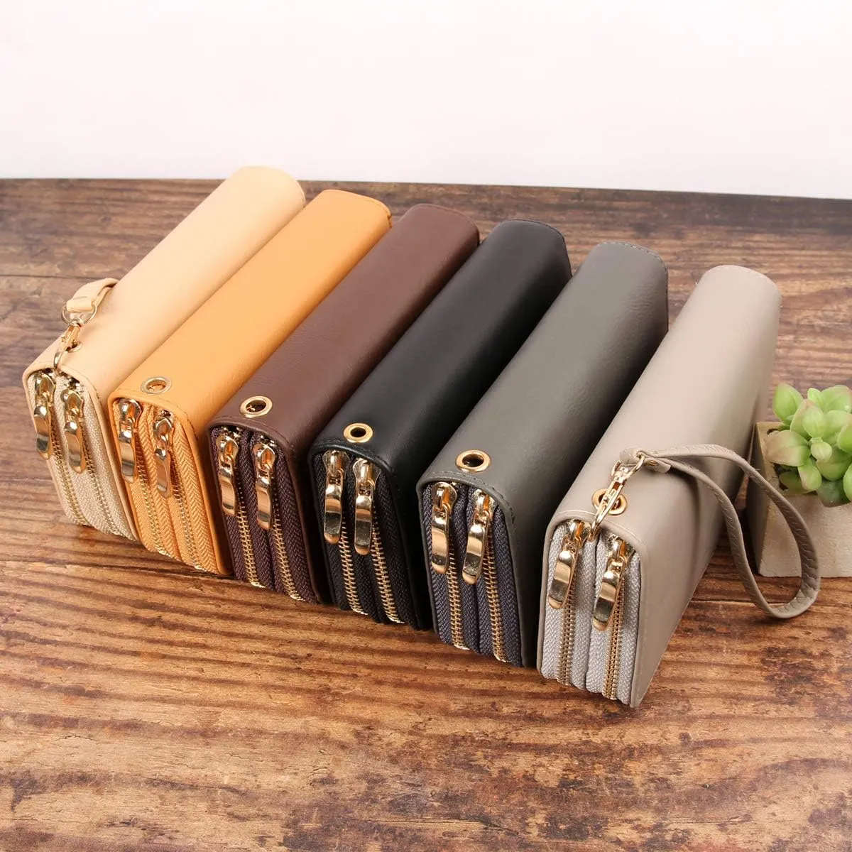 Classic Leatherette Zip Around Wallet - Vegan Leather Zipper Clutch Purse Coin Card Slots, Removable Wristlet (Double Zip Wristlet - Fuchsia)