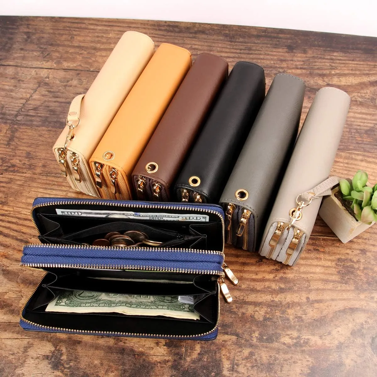 Classic Leatherette Zip Around Wallet - Vegan Leather Zipper Clutch Purse Coin Card Slots, Removable Wristlet (Double Zip Wristlet - Fuchsia)