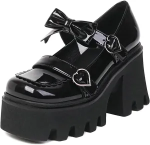 ClassicSter Womens Square Toe Platform Mary Janes Bow Heart Buckle Chunky High Heels Pumps