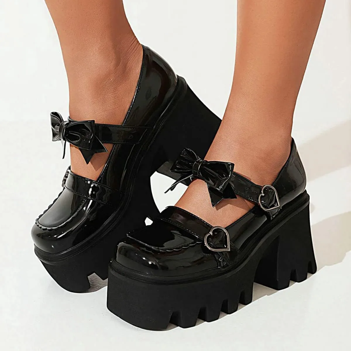 ClassicSter Womens Square Toe Platform Mary Janes Bow Heart Buckle Chunky High Heels Pumps