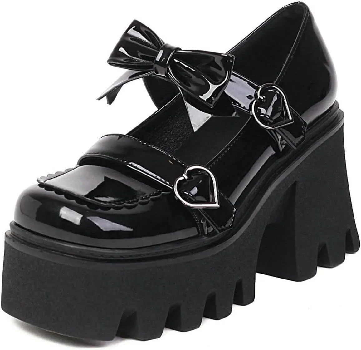 ClassicSter Womens Square Toe Platform Mary Janes Bow Heart Buckle Chunky High Heels Pumps