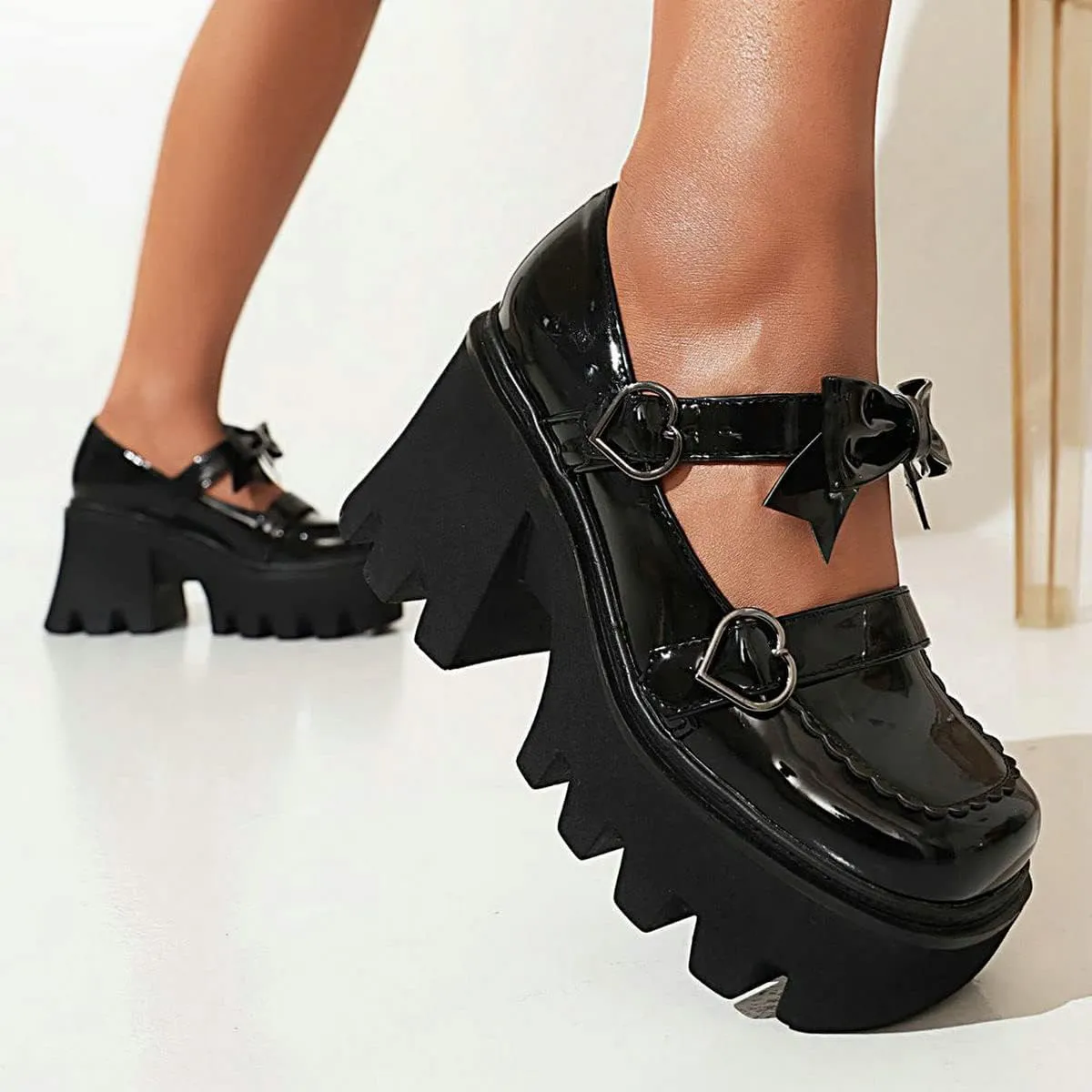 ClassicSter Womens Square Toe Platform Mary Janes Bow Heart Buckle Chunky High Heels Pumps