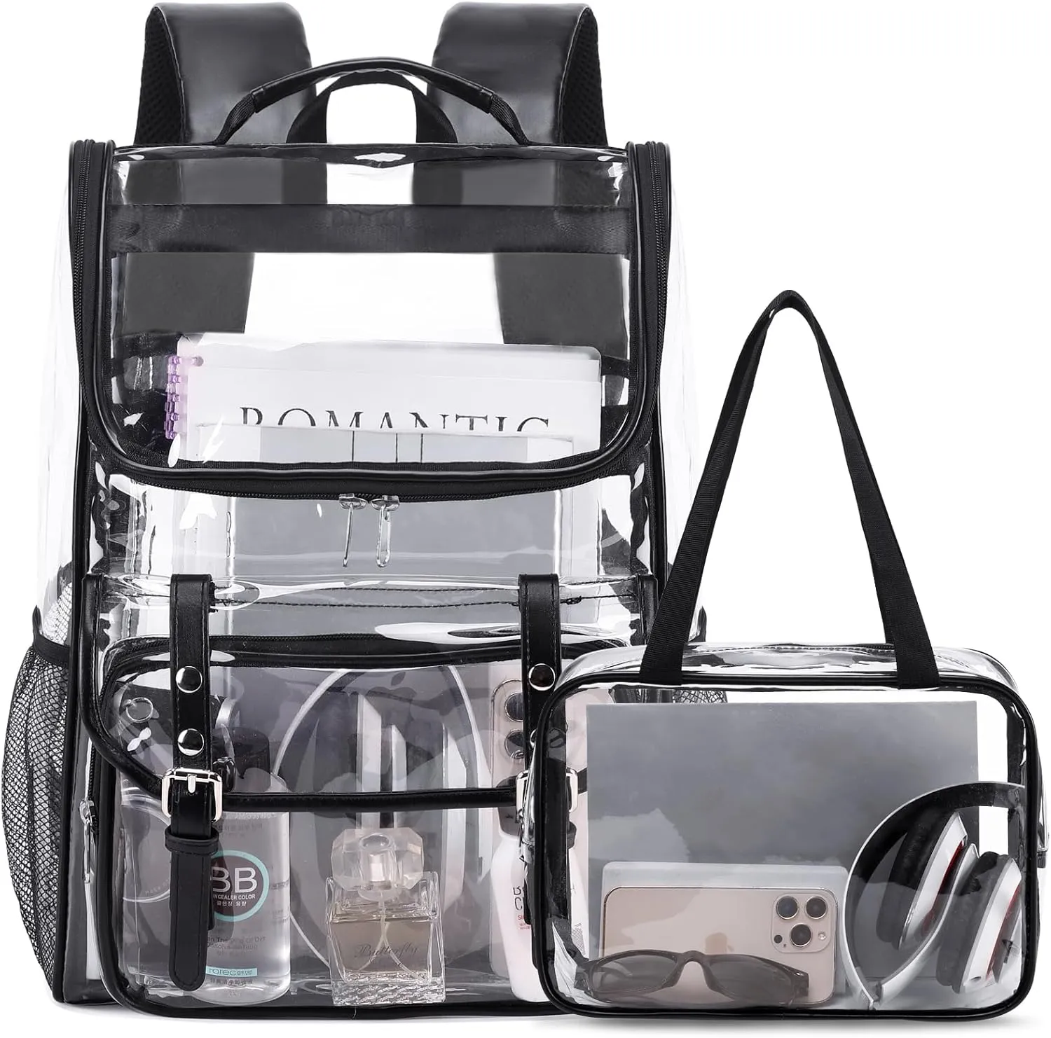 Clear Backpack with Lunch Bag Set, Leather Clear Backpack Heavy Duty Thick PVC Bookbag Large See Through Transparent Backpacks with Support Pad for Women Men School College Work Black