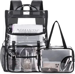 Clear Backpack with Lunch Bag Set, Leather Clear Backpack Heavy Duty Thick PVC Bookbag Large See Through Transparent Backpacks with Support Pad for Women Men School College Work Black