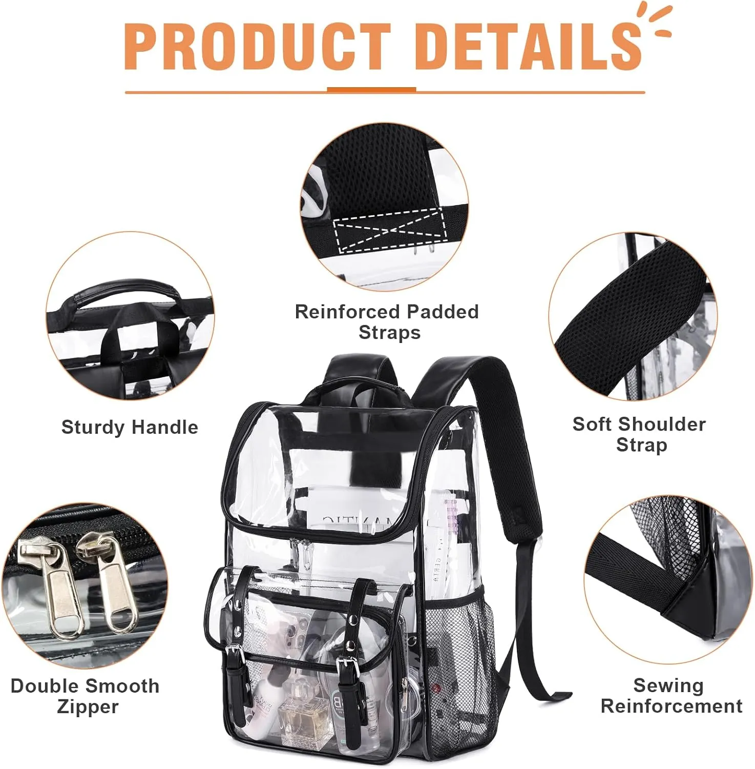 Clear Backpack with Lunch Bag Set, Leather Clear Backpack Heavy Duty Thick PVC Bookbag Large See Through Transparent Backpacks with Support Pad for Women Men School College Work Black
