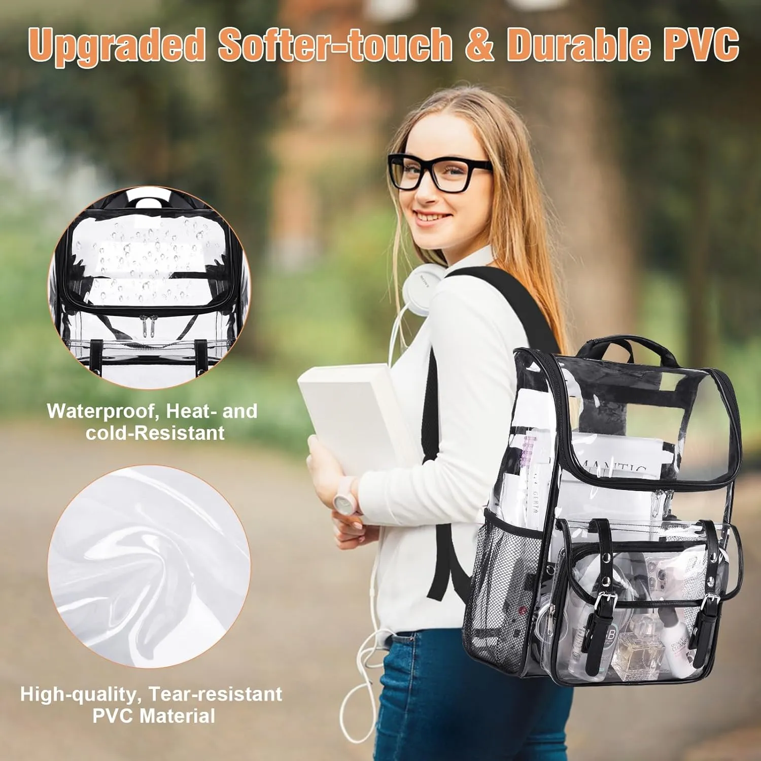 Clear Backpack with Lunch Bag Set, Leather Clear Backpack Heavy Duty Thick PVC Bookbag Large See Through Transparent Backpacks with Support Pad for Women Men School College Work Black