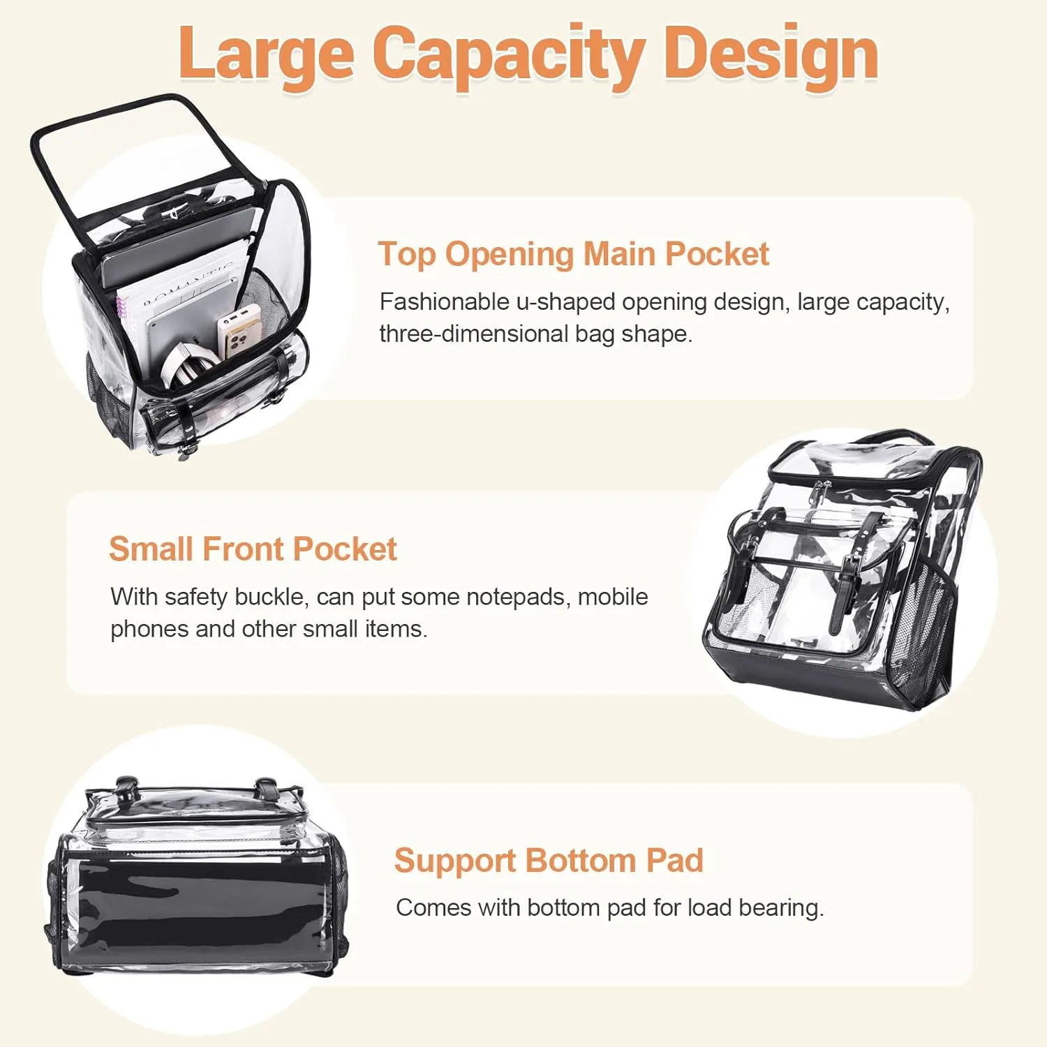 Clear Backpack with Lunch Bag Set, Leather Clear Backpack Heavy Duty Thick PVC Bookbag Large See Through Transparent Backpacks with Support Pad for Women Men School College Work Black